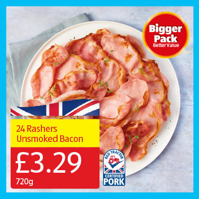 24 Rashers Unsmoked Bacon - 3.29 720g