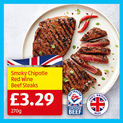 Smoky Chipolte Red Wine Beef Steaks - 3.29 270g