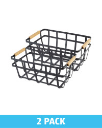 Black Wire & Wood Storage Basket 2Pk