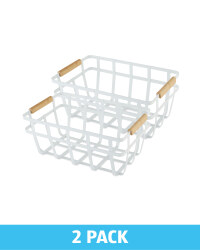 White Wire & Wood Storage Basket 2Pk