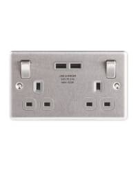 Brushed Steel USB Double Wall Socket