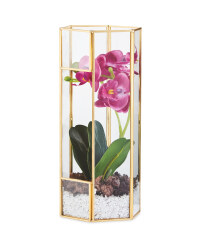 Faux Pink Orchid In Glass Terrarium