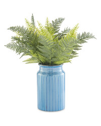 Faux Fern In Blue Ceramic Vase