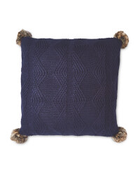 Knitted Pom Pom Cushion - Navy