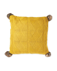 Knitted Pom Pom Cushion - Ochre