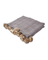 Knitted Pom Pom Throw - Grey