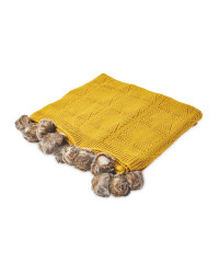 Knitted Pom Pom Throw - Ochre