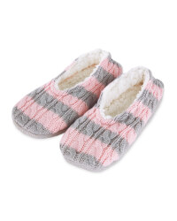 Ladies' Striped Knitted Slipper Sock - Pink/Grey