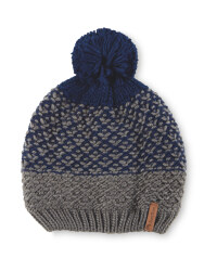 Pompom Fleece Lined Knitted Hat - Blue/Grey