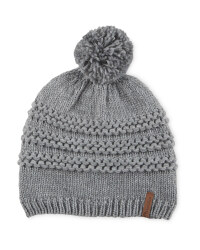 Pompom Fleece Lined Knitted Hat - Grey