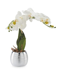 Silver Pot Artificial White Orchid